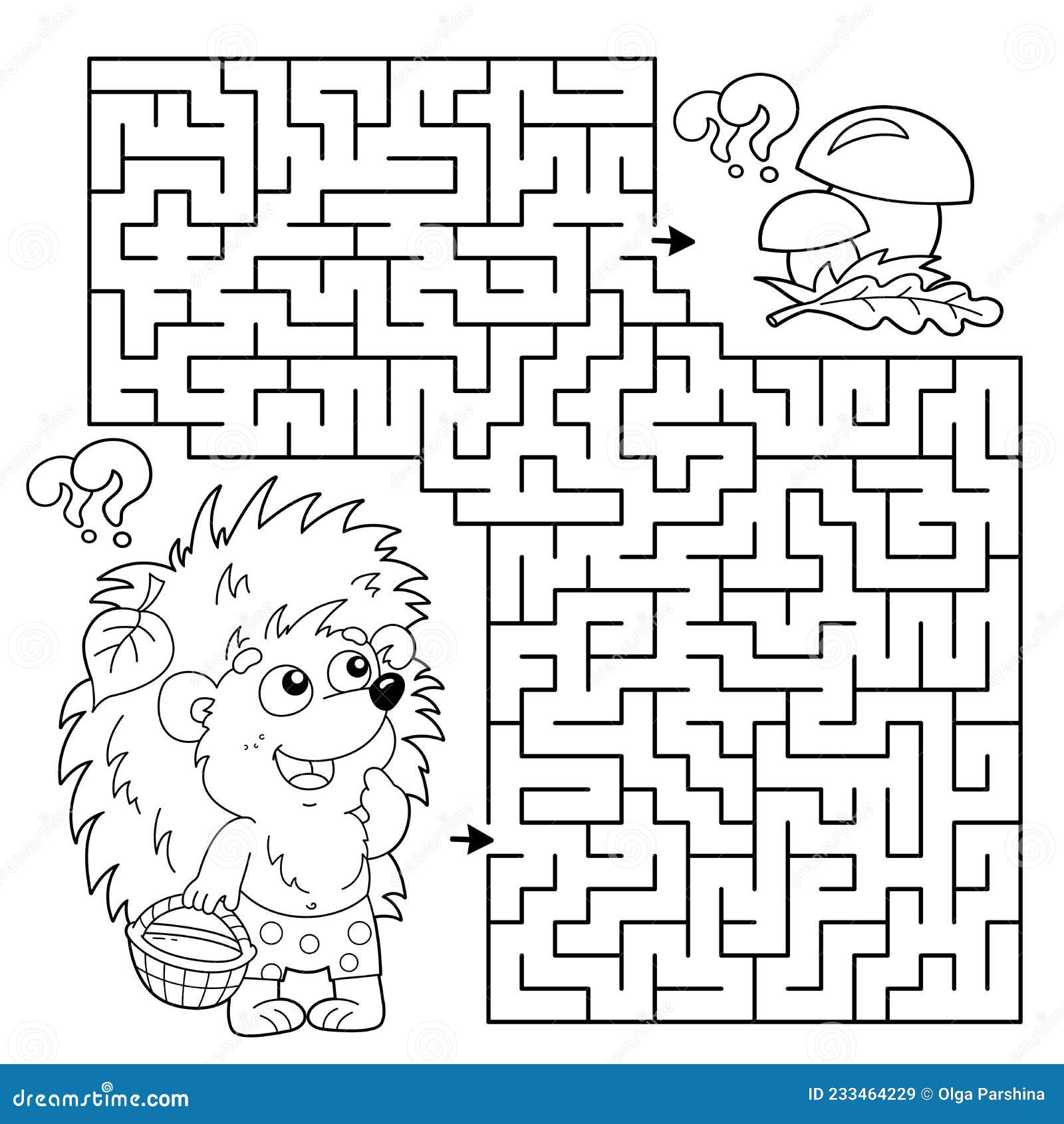 Maze or labyrinth game puzzle coloring page outline of cartoon little hedgehog with basket of mushrooms stock vector