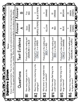 Digestive system color by number reading passage and text marking