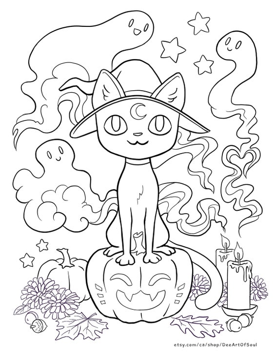 Witch kitty digital coloring pages for print or procreate