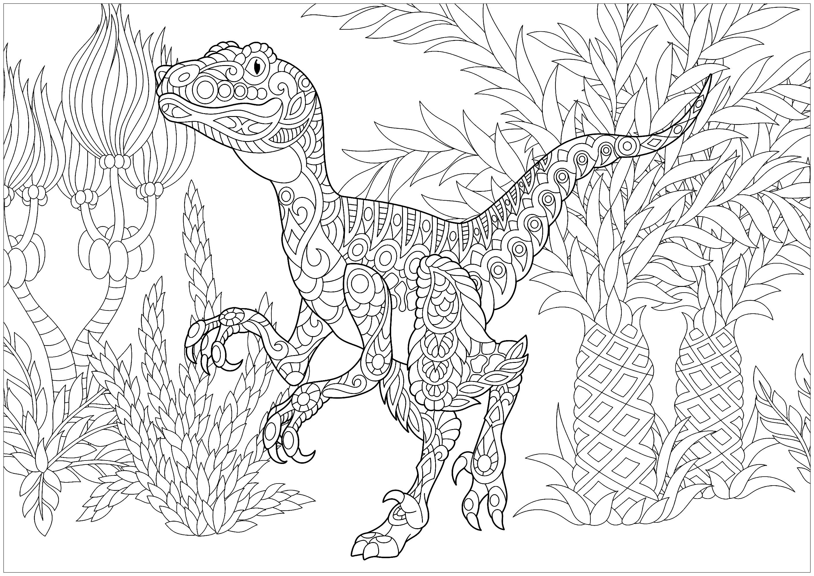 Stylized velociraptor dinosaur with doodle and zentangle elements dinosaur coloring pages mandala coloring pages dinosaur coloring