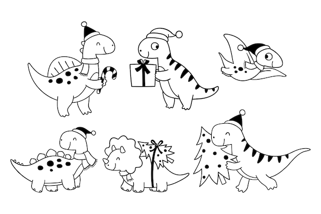 Premium vector draw doodle dinosaur for christmas printable cut file