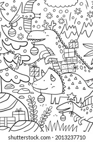 Big coloring poster cute christmas dinosaurs stok vektãr telifsiz