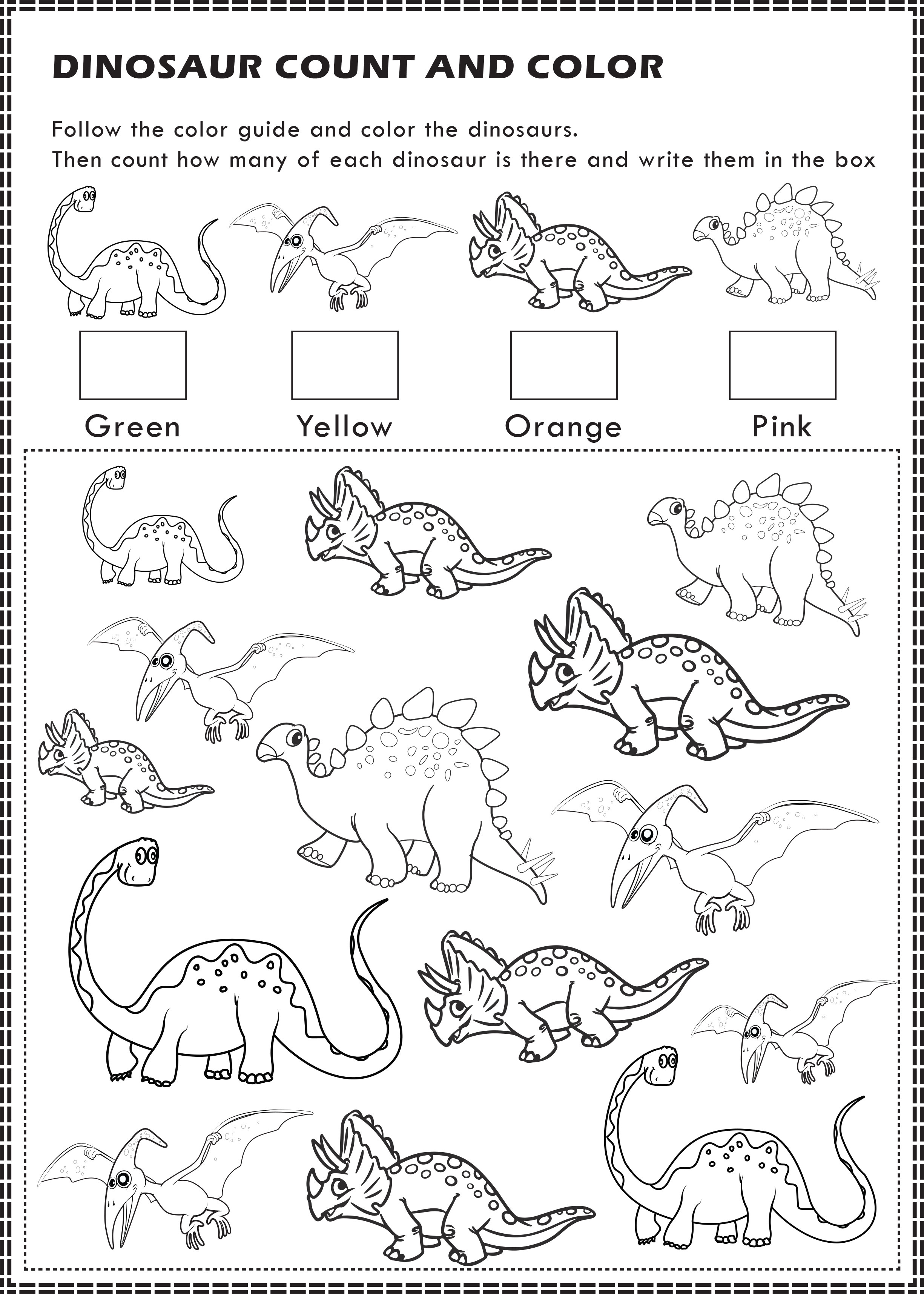 Free printable dinosaurs i spy count and color activity page for kids its pam del