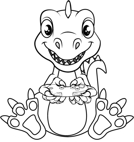 Cartoon dinosaur with game controler coloring page free printable coloring pages