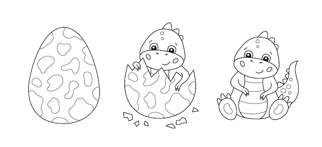 Premium vector dinosaur egg and cute little dinosaur for coloring book baby tyrannosaurus black and white cartoon isolated