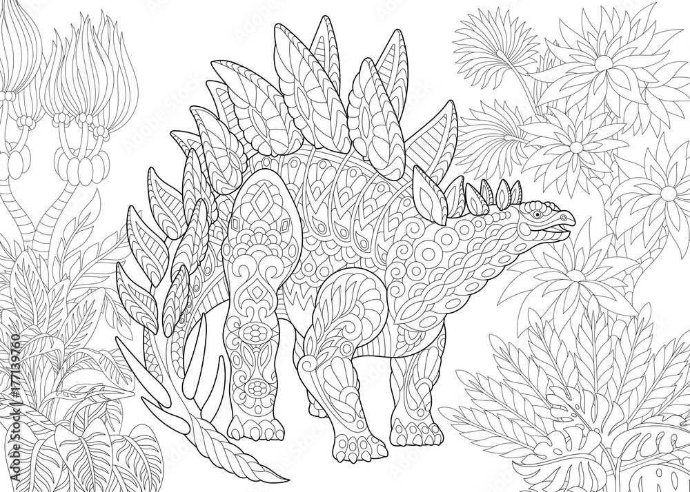 Coloring page of stegosaurus dinosaur of the jurassic and early cretaceous periods freehand sketch drawing for adult antistress coloring book in zentangle style vector