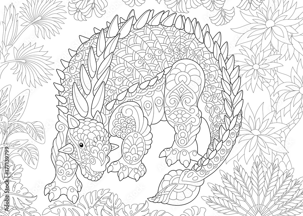 Coloring page of ankylosaurus dinosaur of the cretaceous period freehand sketch drawing for adult antistress coloring book in zentangle style vector