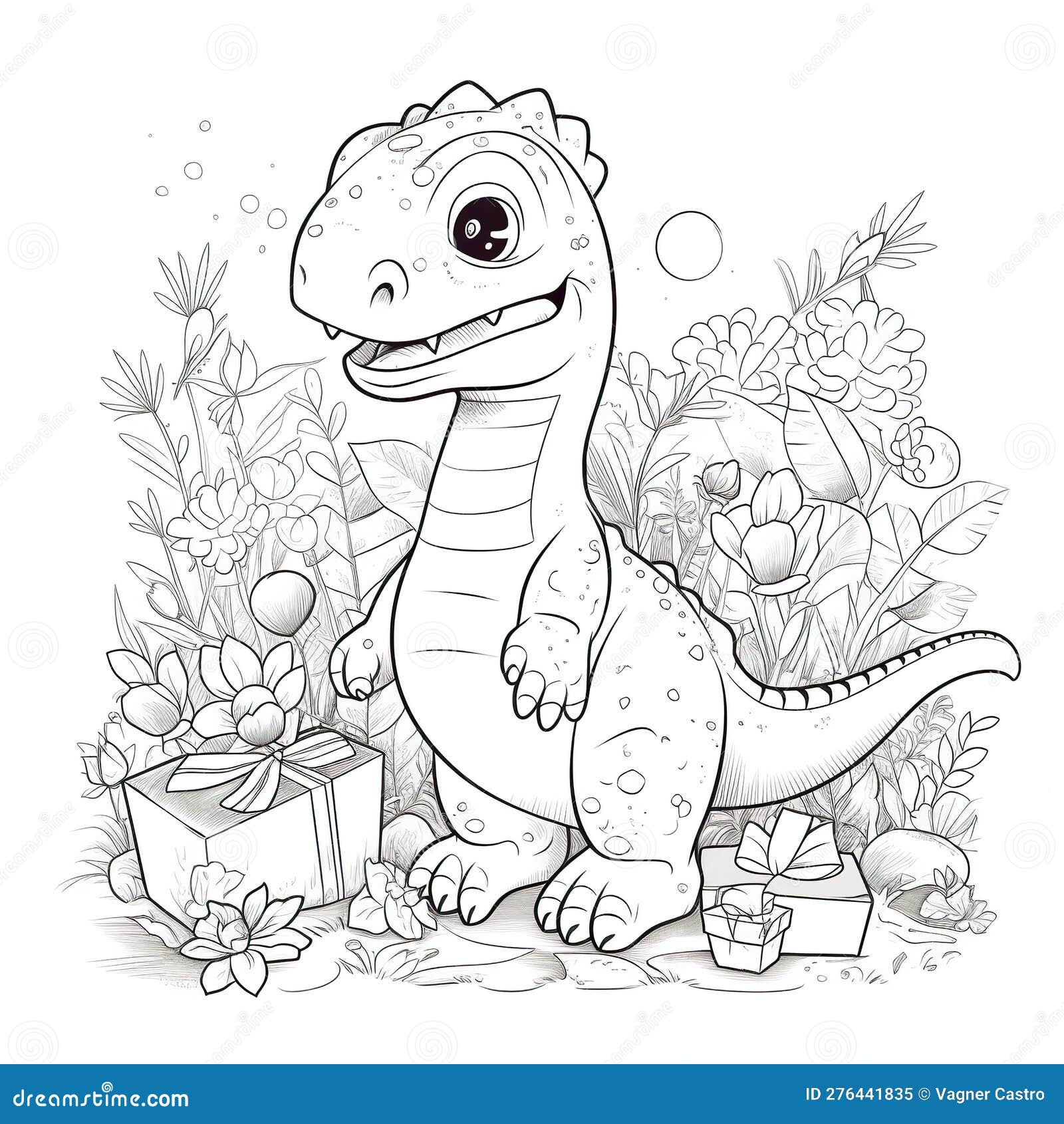 Kids coloring page of a dinosaur with gift box that is blank and downloadable for them to plete stock illustration