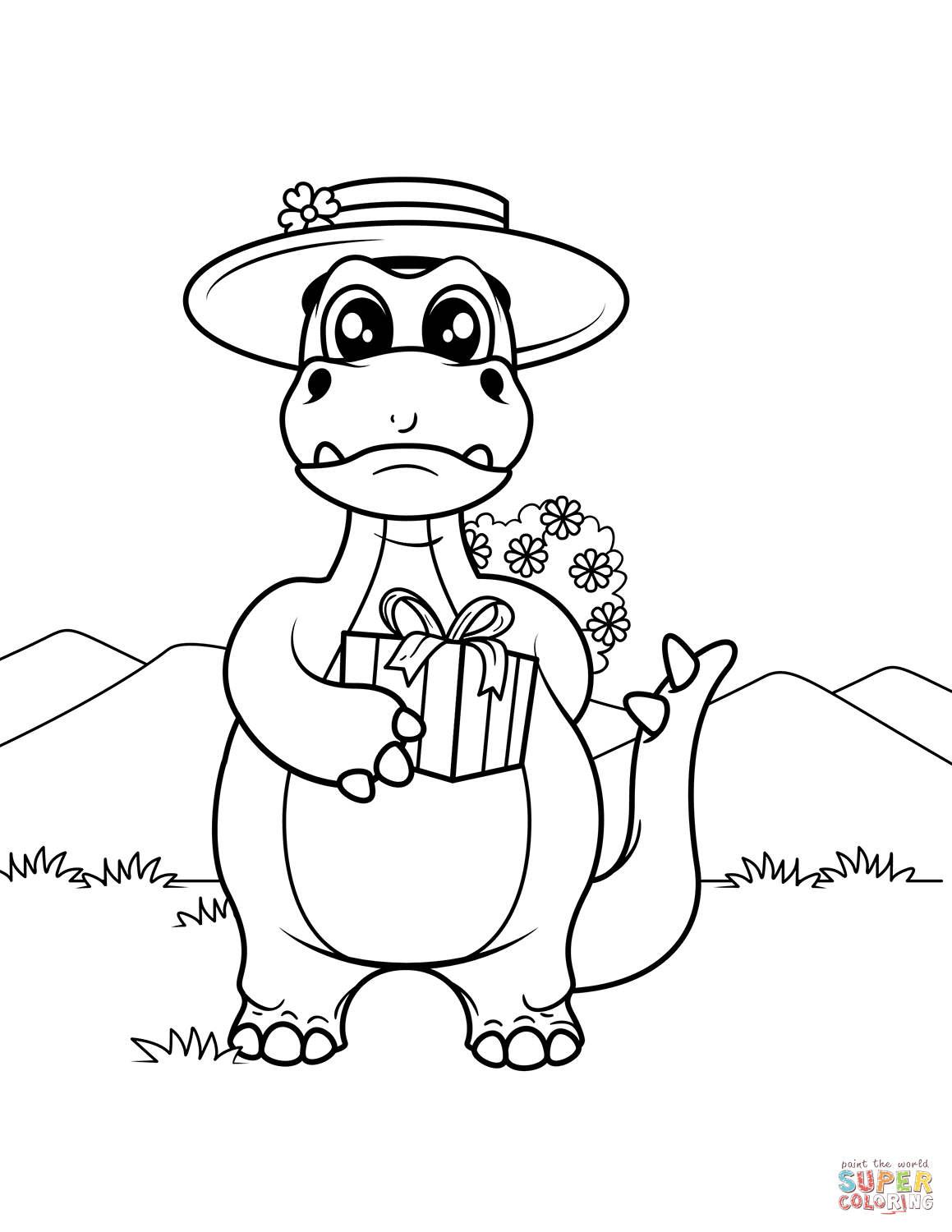 Dinosaur with gift box coloring page free printable coloring pages