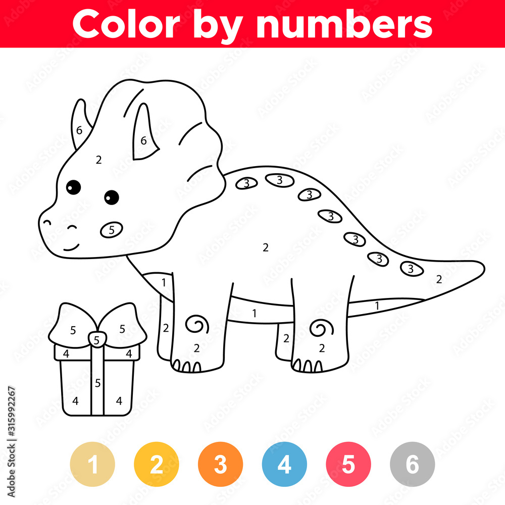 Coloring page by numbers educational game for preschool kids cute kawaii dinosaur triceratops with gift box birthday theme vector