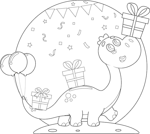 Premium vector outlined cute birthday dinosaur cartoon character carries on gift boxes vector illustration