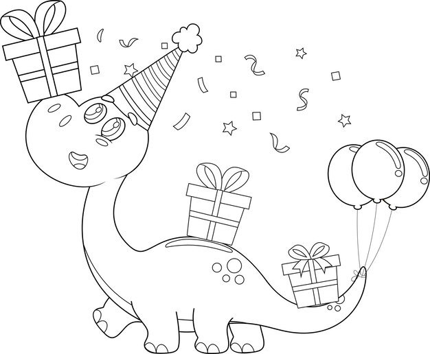 Premium vector outlined cute birthday dinosaur cartoon character carries on gift boxes vector illustration