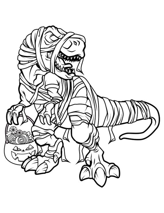 Printable mummy dinosaur spooky saurus rex digital download trex mummy halloween coloring page