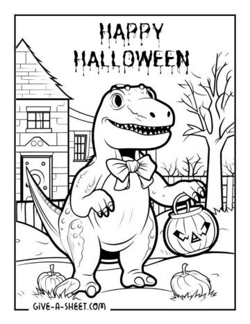 Trick or treat dinosaur with pumpkin halloween coloring sheet in dinosaur coloring pages halloween coloring pages free halloween coloring pages