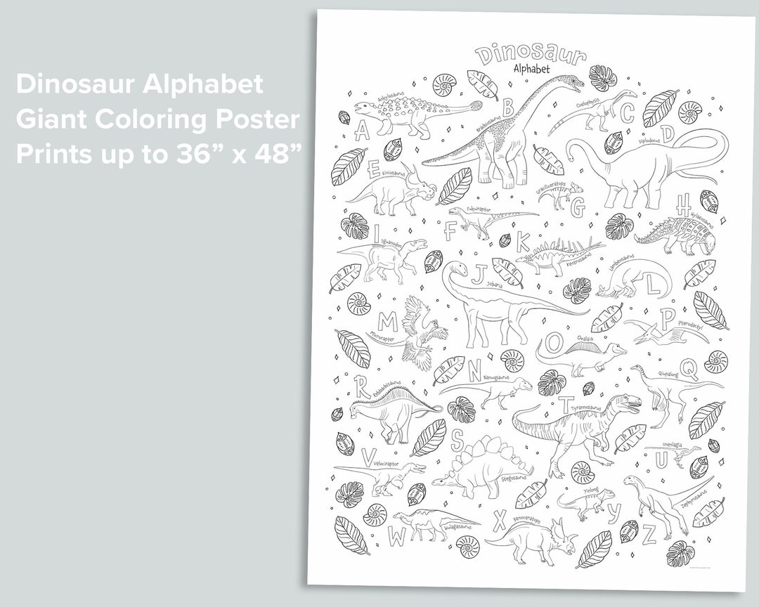 Dino alphabet giant coloring poster homeschool printables black and white large coloring pages preschool dinosaur abc activities instant download