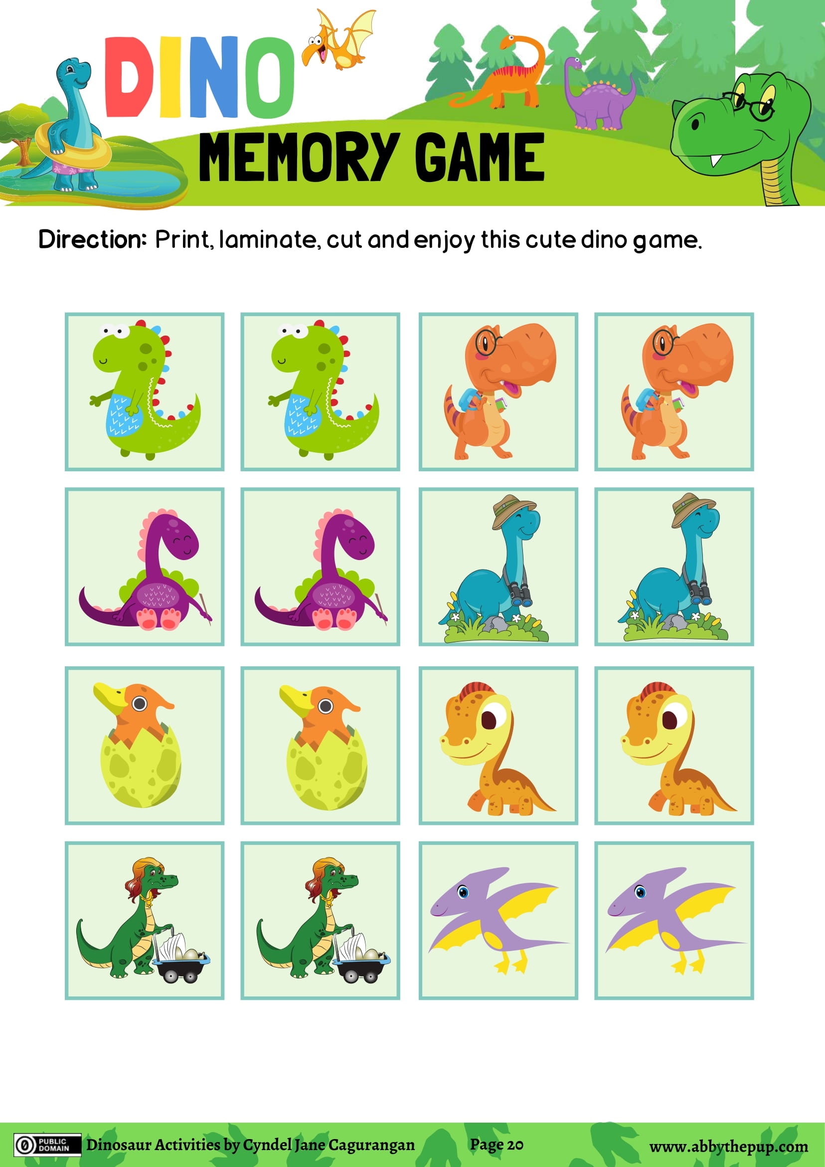 Dinosaur memory game free printable puzzle games