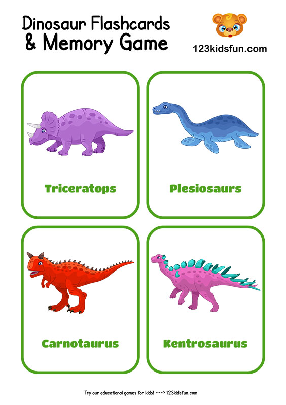 Free printable dinosaur flashcards and memory game for kids kids fun apps