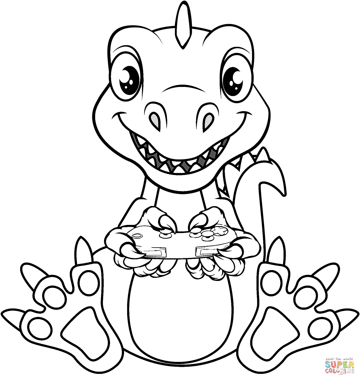 Cartoon dinosaur with game controler coloring page free printable coloring pages