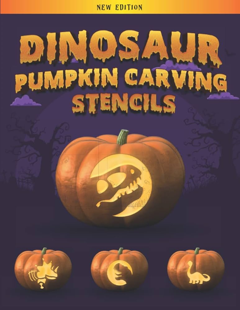 Dinosaur pumpkin rving stencils over roarsome simple and easy to use halloween dinosaur pumpkin designs includes stencils for large and medium size pumpkins publishing creative spook books