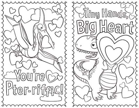 Dinosaur coloring printable valentines set of