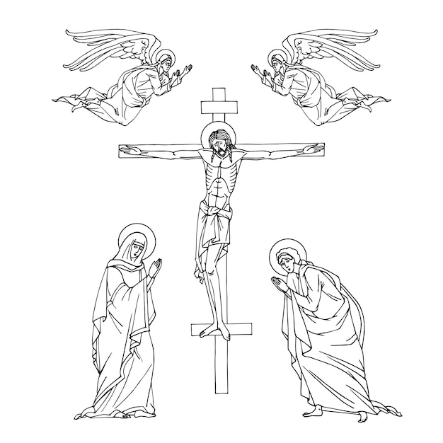 Crucifixiãn de jucristo en la cruz santa virgen marãa apãstol juan y ãngel icono ortodoxo vector premium