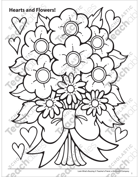 Look whats buzzing coloring page hearts and flowers printable coloring pages