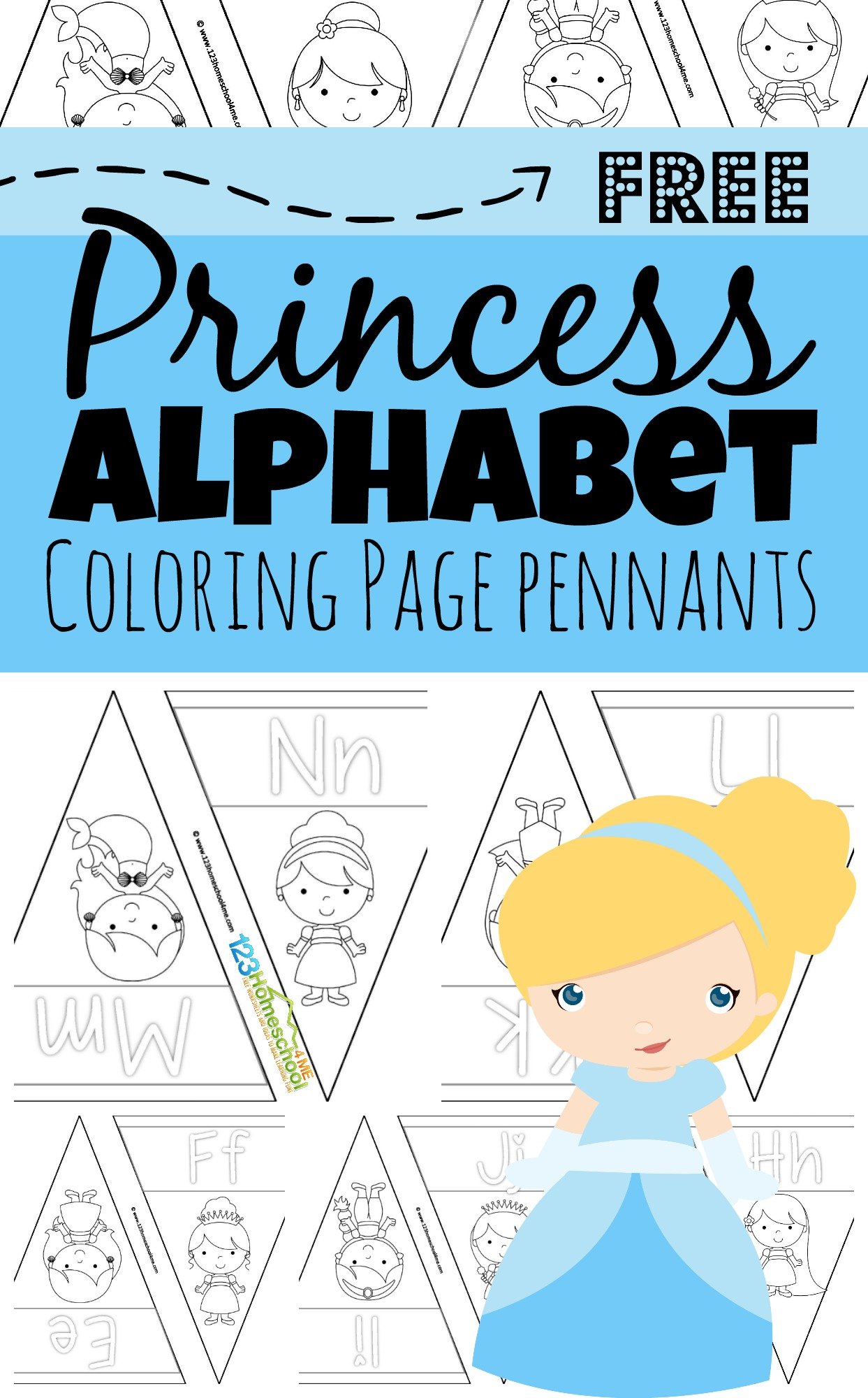 Free disney princess alphabet printable coloring pages pennants
