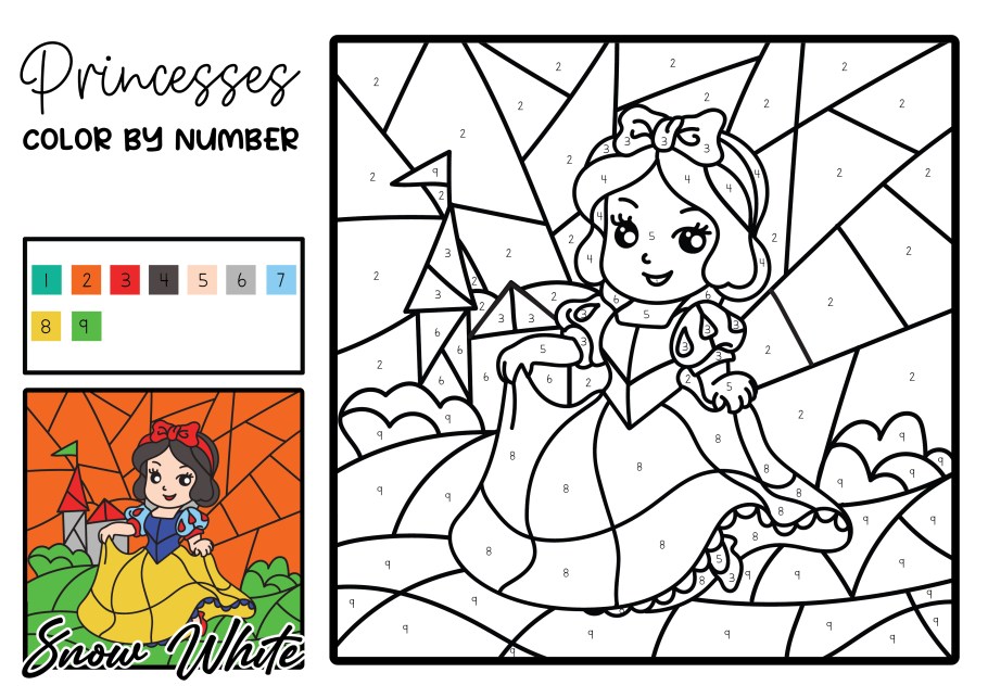 Free printable disney princess lor by number pages