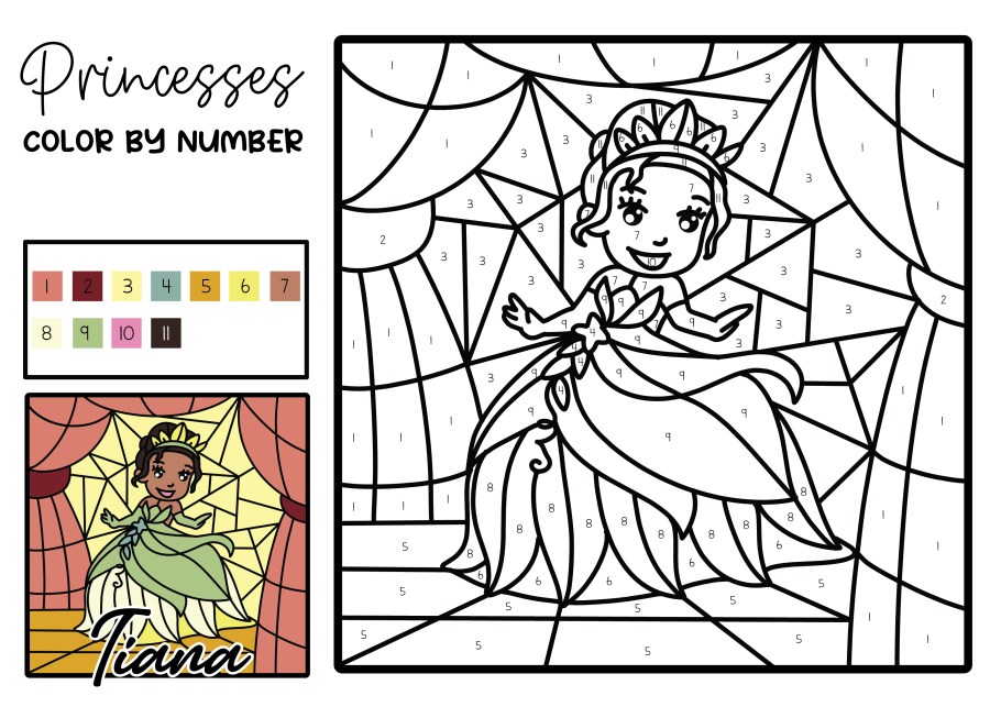 Free printable disney princess lor by number pages