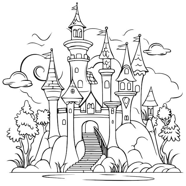 Premium vector a cartoon castle coloring page for adults