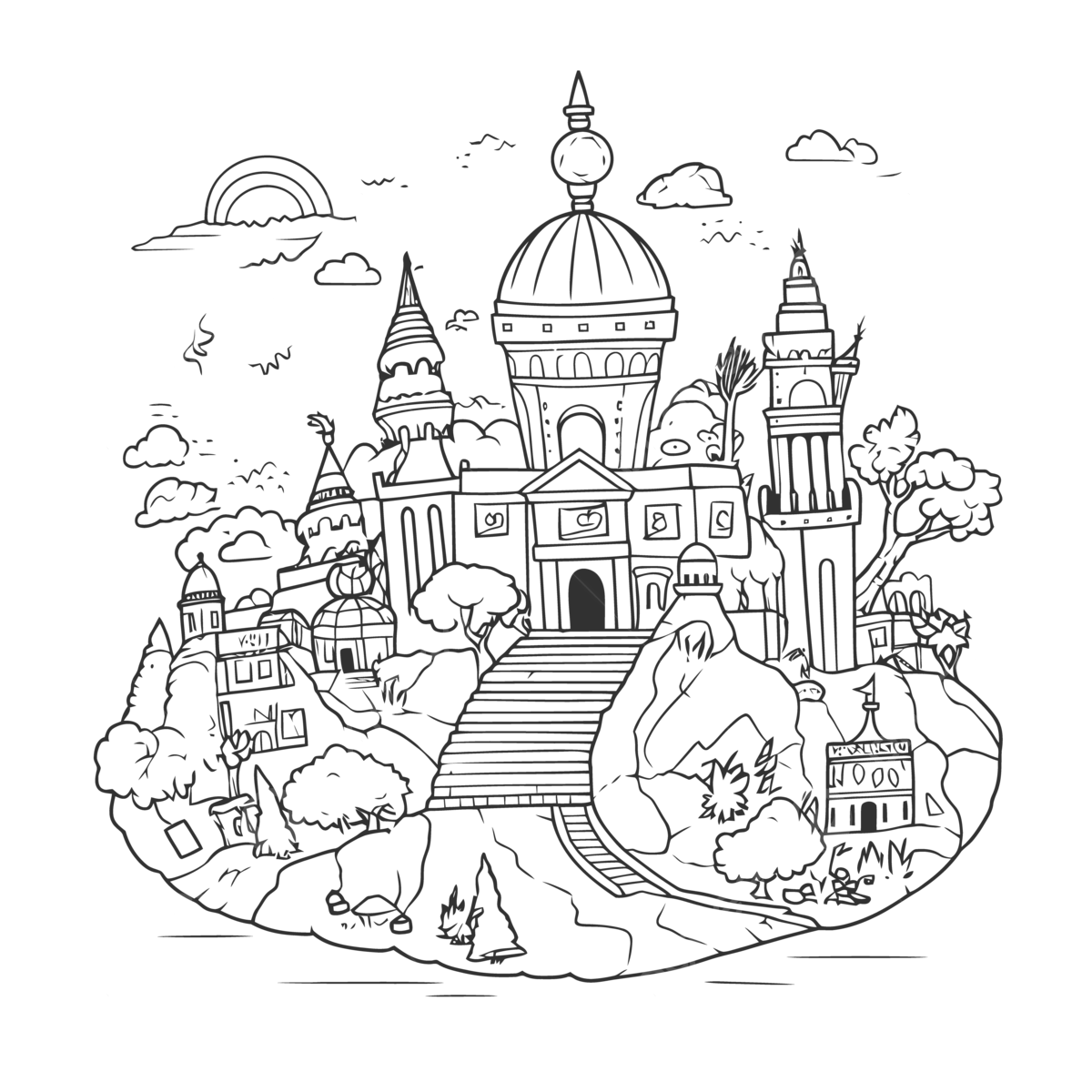 Fantasy castle coloring page with a castle on an island outline sketch drawing vector wing drawing island drawing castle drawing png and vector with transparent background for free download