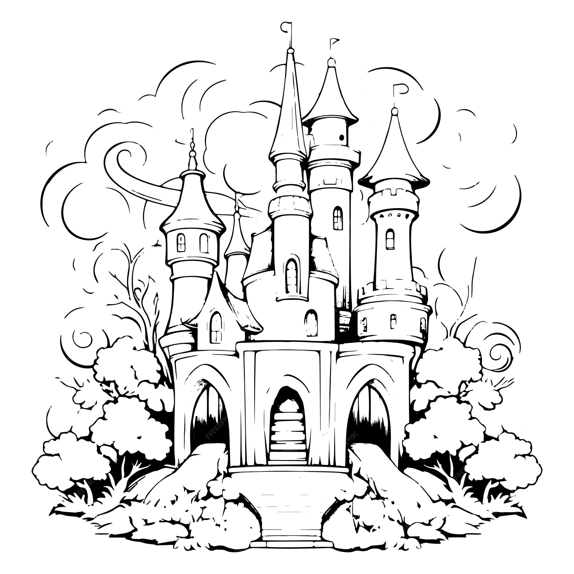 Premium vector coloring book illustration fantasy castle kawaii coloring page
