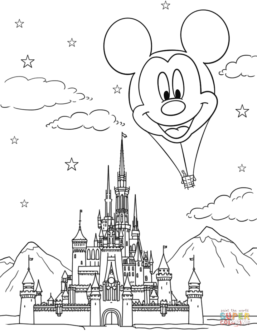 Disney castle and mickey mouse hot air balloon coloring page free printable coloring pages