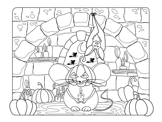 Premium vector halloween coloring page pumpkin mouse in the castle antistress for kids and adults