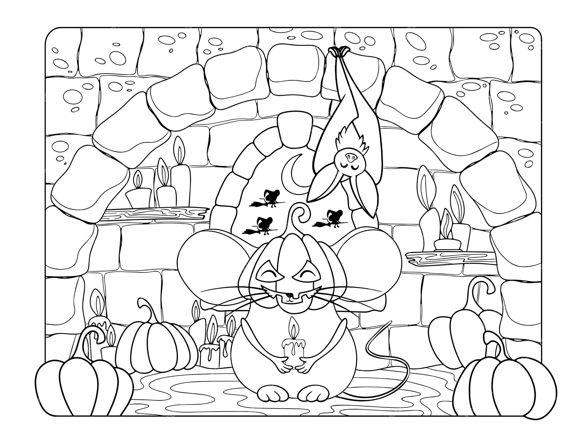 Premium vector halloween coloring page pumpkin mouse in the castle antistress for kids and adults