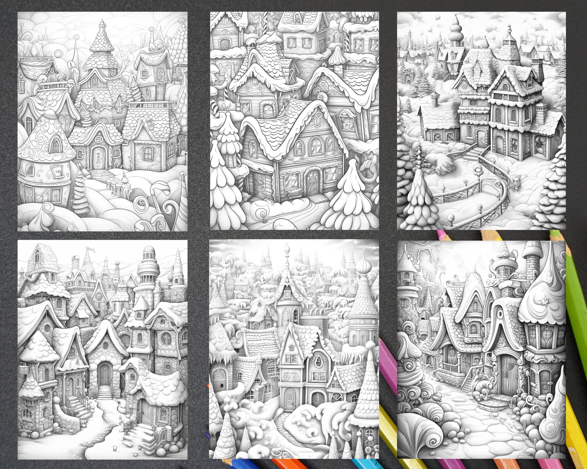 Gingerbread village grayscale coloring pages for adults printable â coloring