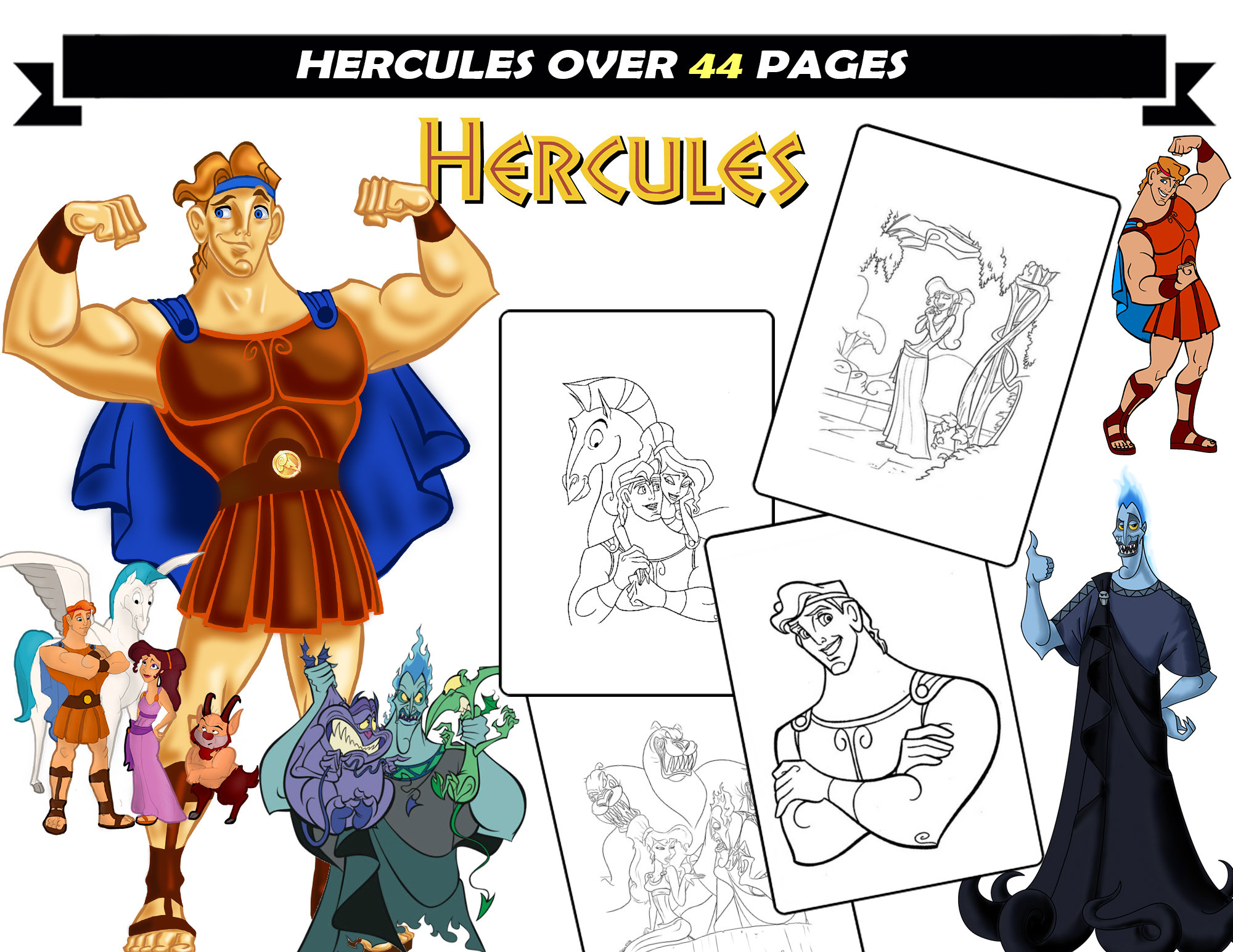 Hercules and megara coloring book for children hades and zeus coloring pages printable cartoon characters coloring sheets instant download