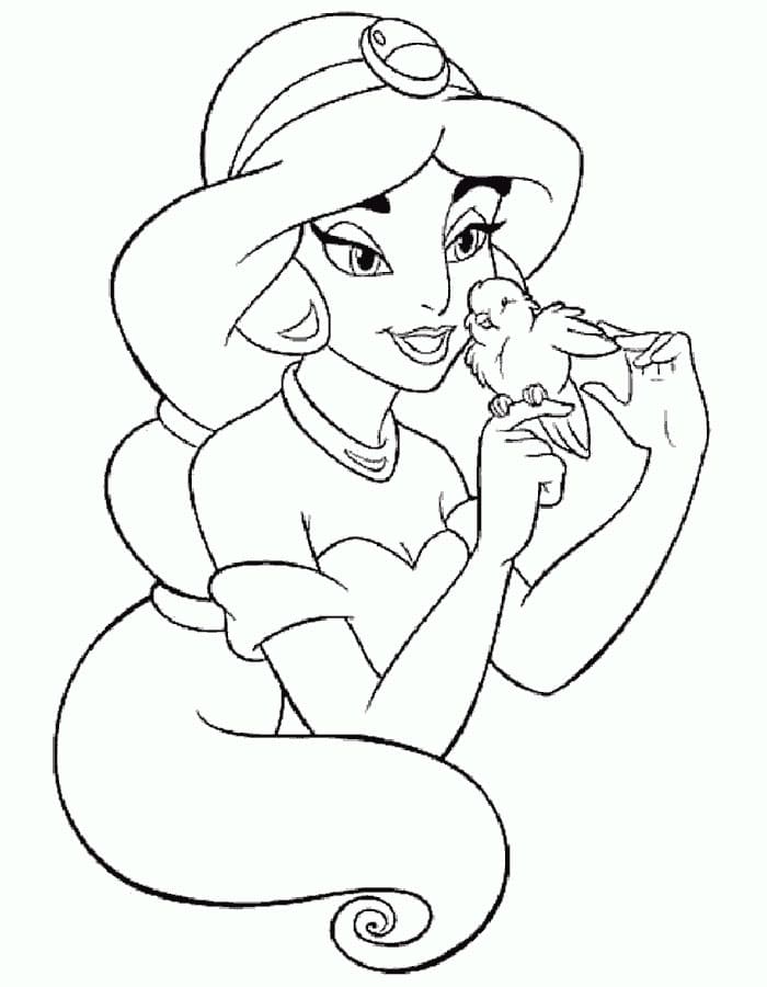 Princess jasmine playing with a bird coloring page