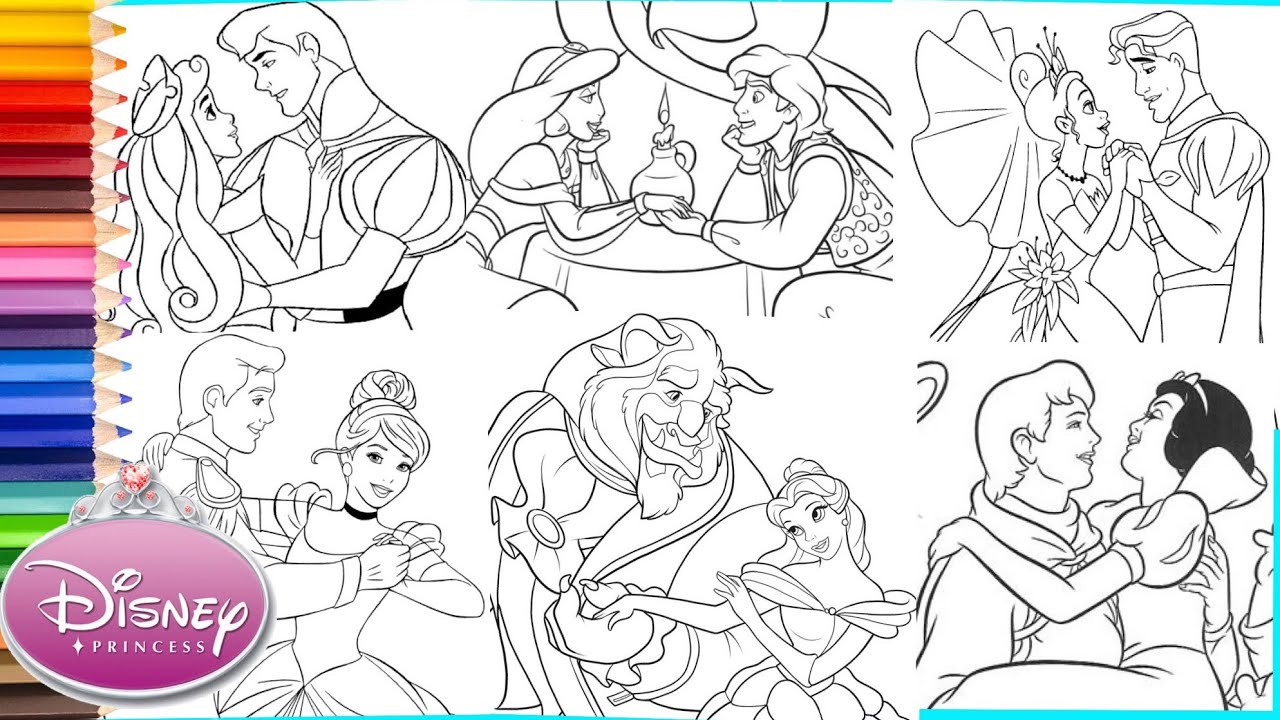 Disney princess and prince copilation coloring pages for kids