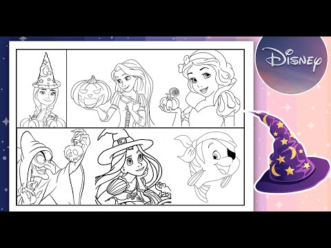 Disney characters halloween coloring page color snow white anna rapunzel queen witch flounder spooky