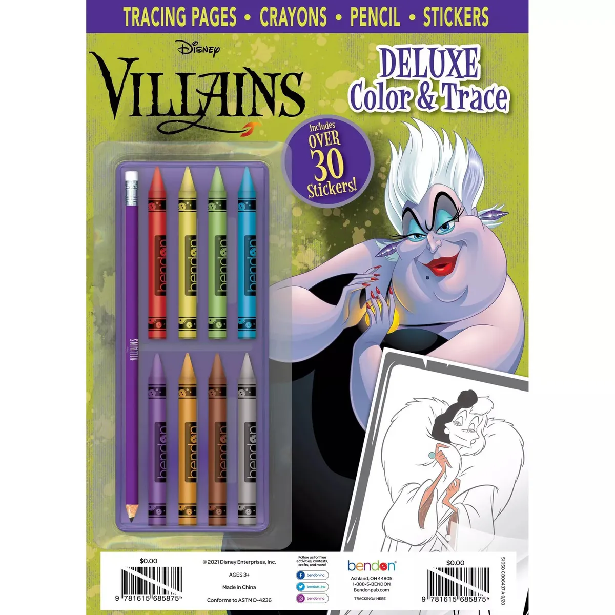 Disney villains deluxe color and trace coloring book w pencil crayons new e
