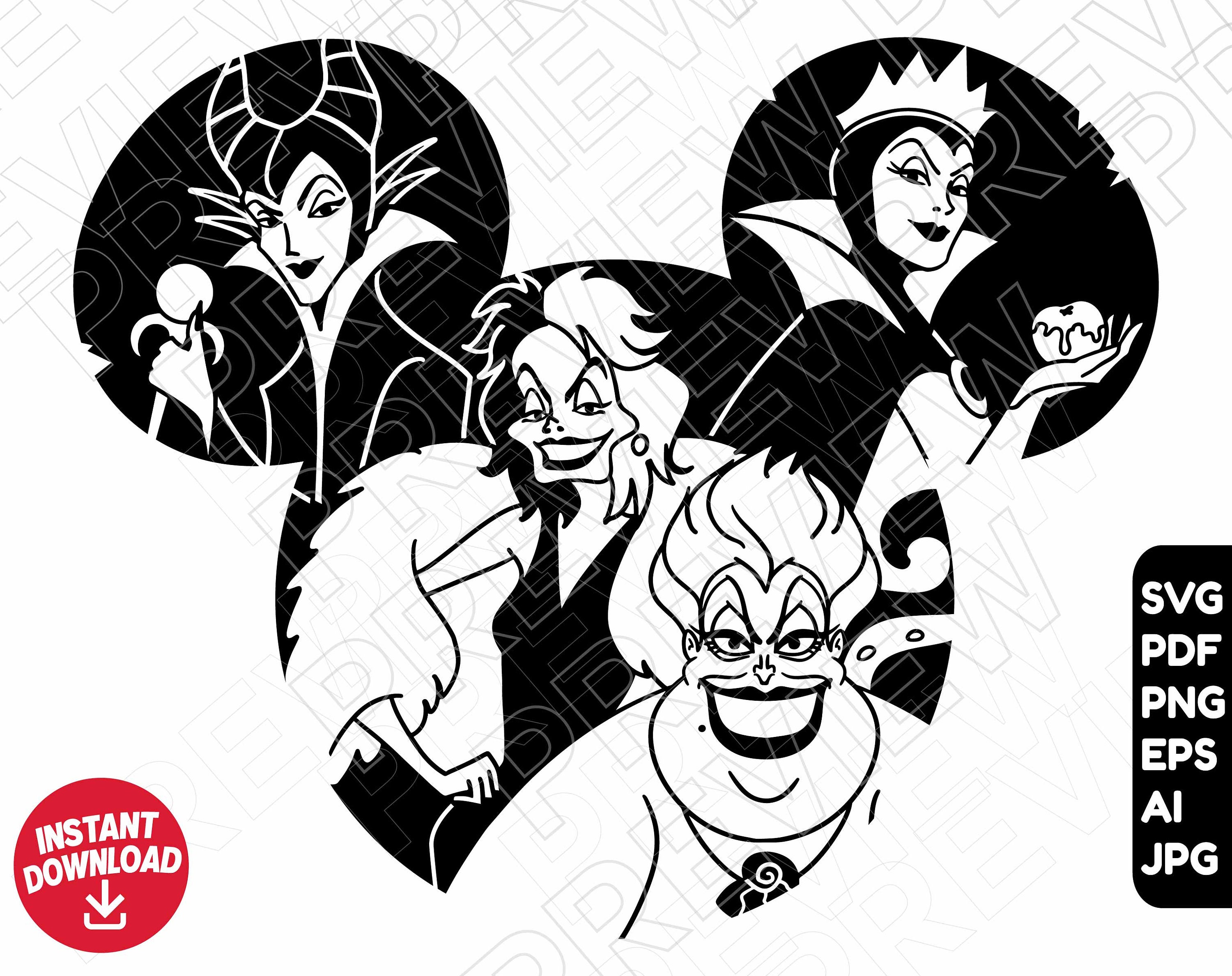 Villains svg png clipart maleficent cruella ursula evil queen disneyland ears cut file silhouette outline