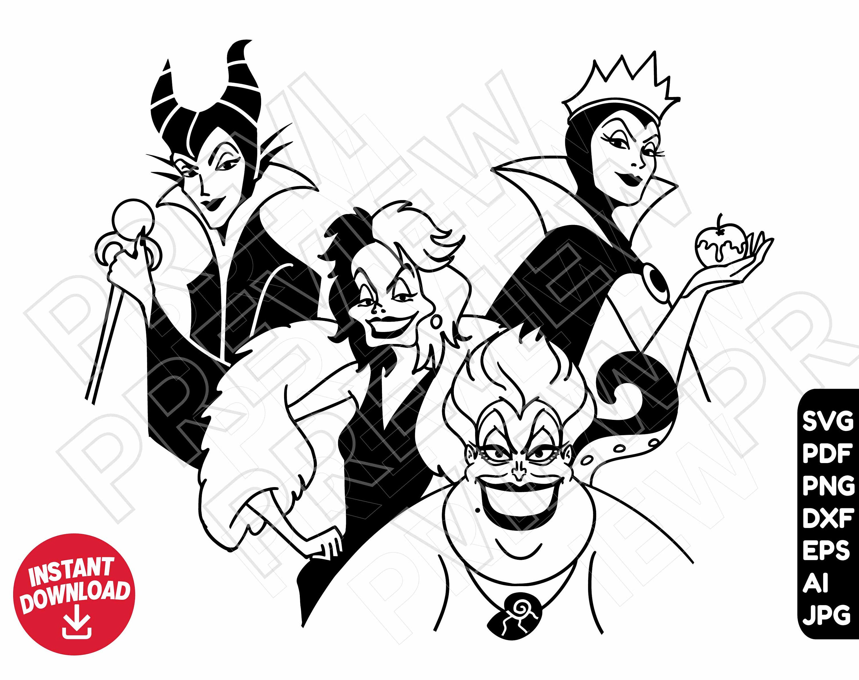 Villains maleficent cruella ursula evil queen svg png clipart cut file outline silhouette