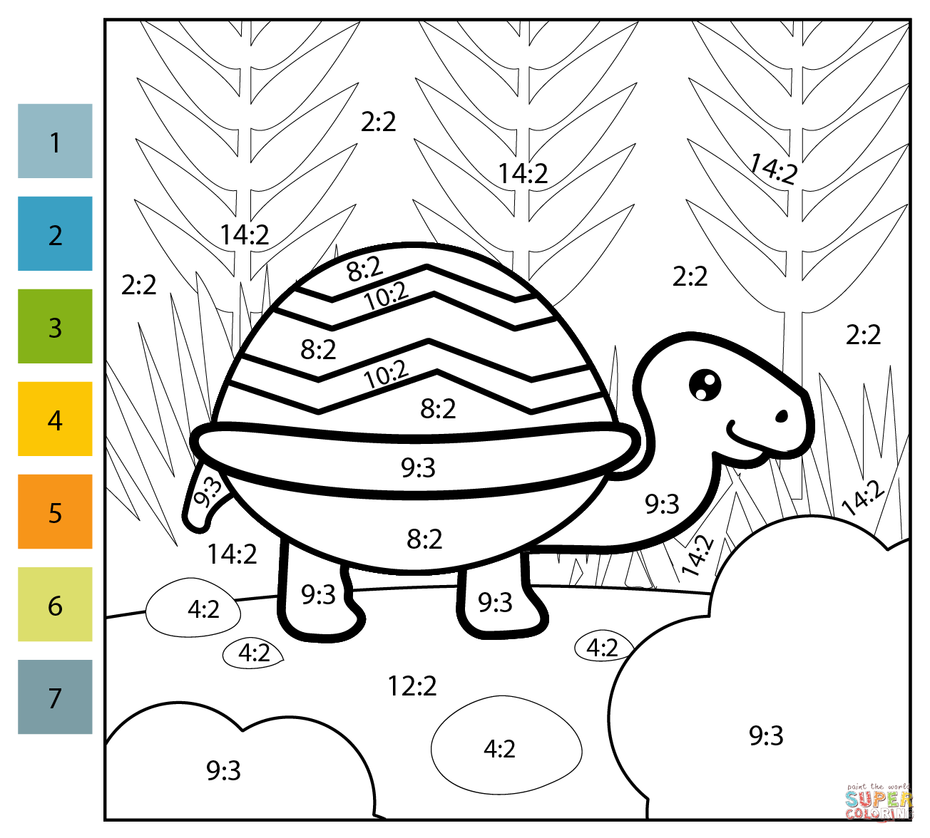 Division color by number turtle free printable coloring pages