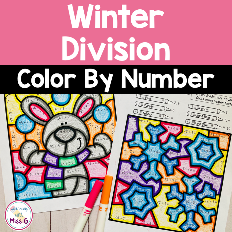 Winter division color by number worksheets