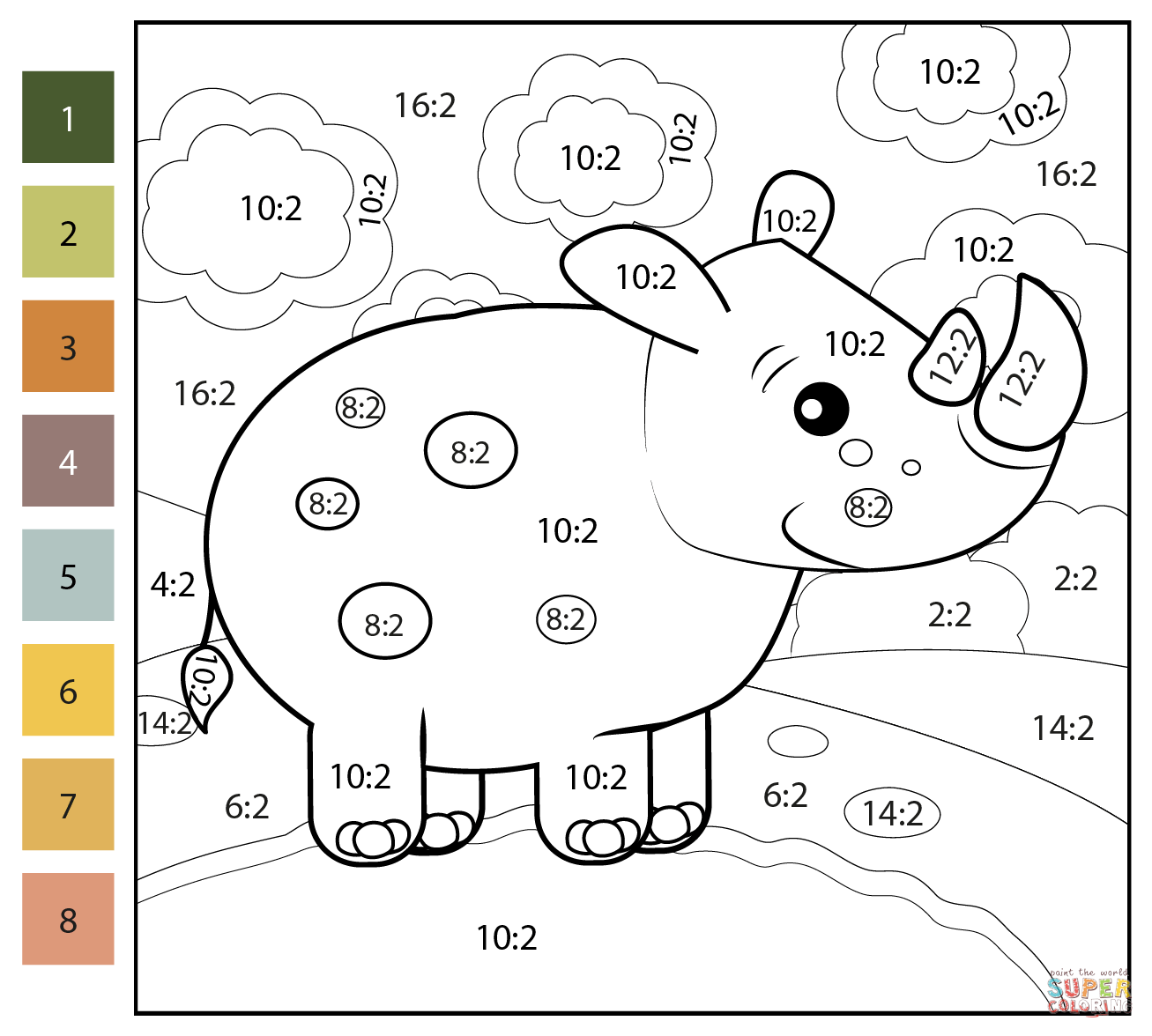 Division color by number rhino free printable coloring pages