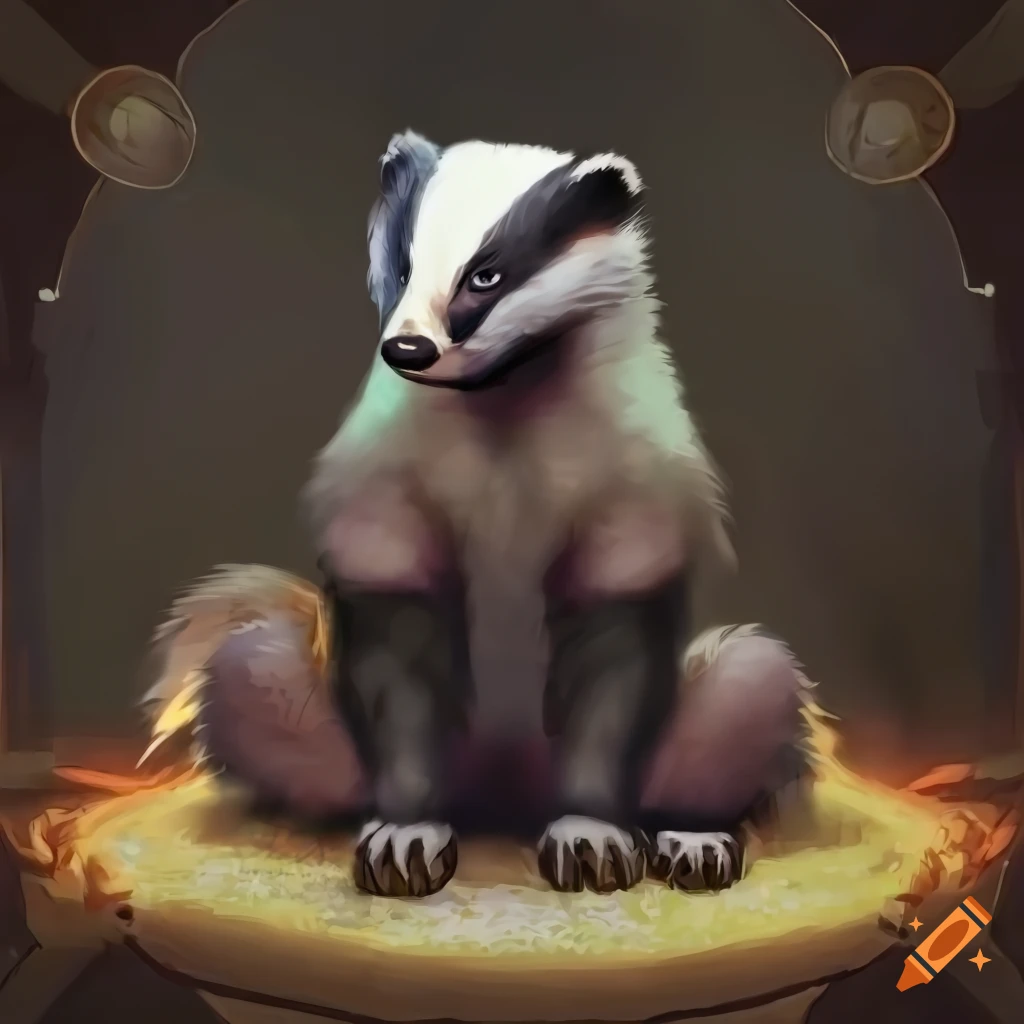 Alchemist british badger eurasian badger sitting upright raised paws short arms book magic runes glitter smoke k detailed sharp f night gold metallic eurasian badger backlight photorealistic overdetailed art concept art full