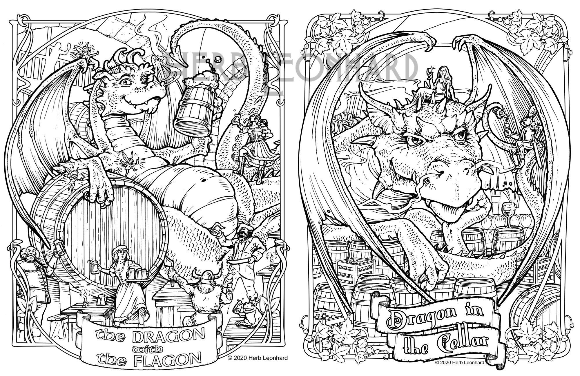 Dragon with the flagondragon in the cellar adult coloring page herb leonhard