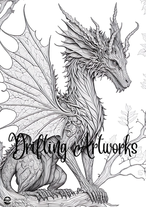 Forest dragon coloring book page fantasy themed adult intermediate printable greyscale illustration instant download jpg pdf download now