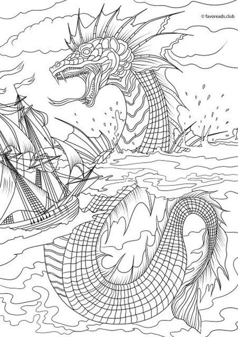 Sea monster printable adult coloring page from favoreads